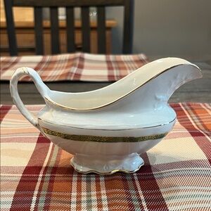 Edwin M. Knowles Gravy Boat White with Green & Gold Trim